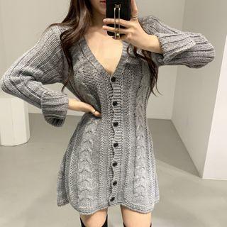 Long-sleeve Buttoned Knit Mini A-line Dress