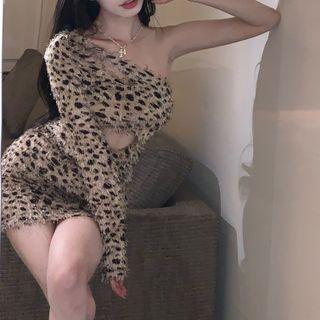 One-shoulder Leopard Print Cutout Mini Bodycon Dress Leopard - Khaki - One Size