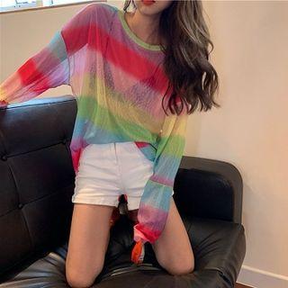Long-sleeve Rainbow Stripe T-shirt As Shown In Figure - One Size