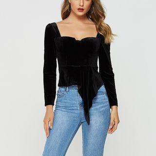 Open Back Square-neck Long-sleeve Velvet Top