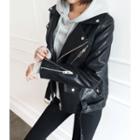 Belted-detail Faux-leather Jacket Black - One Size