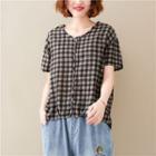 Short-sleeve Gingham Top Gingham - Black & Brown - One Size