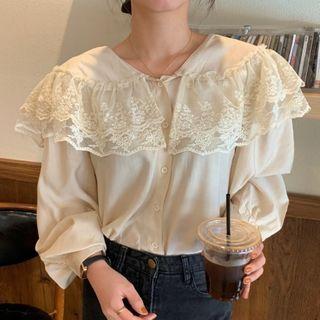 V-neck Lace Trim Blouse Almond - One Size