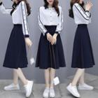 Set Of 2 - Plain Long-sleeve Shirt + Plain A-line Maxi Skirt