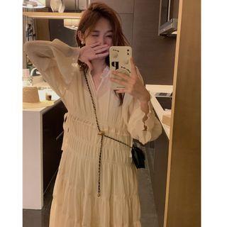 Long-sleeve Lace Midi Dress Beige - One Size