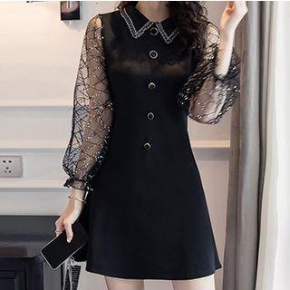 Mesh Panel Long-sleeve Mini Collared A-line Dress