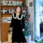 Wide-collar Laced Velvet Dress Black - One Size