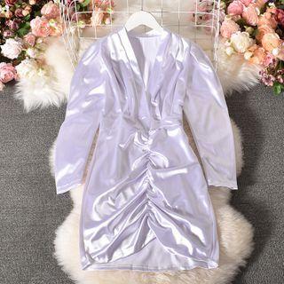 Long-sleeve Silky Ruched Mini Bodycon Dress
