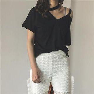 Short-sleeve Cutout Top Black - One Size