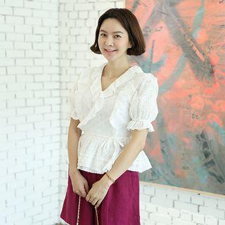 Frilled-detail Laced Top With Sash Ivory - One Size