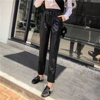 Set: Shirt + Two-tone Knit Vest + Faux Leather Straight Cut Pants