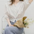 Elbow-sleeve Lace Trim Button-up Blouse
