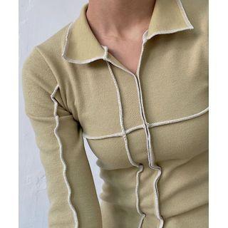 Collared Overlock-stitch Top Lime Green - One Size