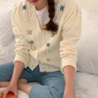 Floral Embroidered V-neck Knit Cardigan White - One Size