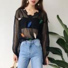 Feather Embroidered V-neck Distressed Sweater