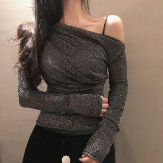 Long-sleeve Cold-shoulder Glitter Top