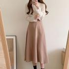 Shirred Long-sleeve Blouse / Plain Midi A-line Skirt