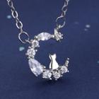 Rhinestone Cat & Moon Pendant Necklace As Shown In Figure - One Size