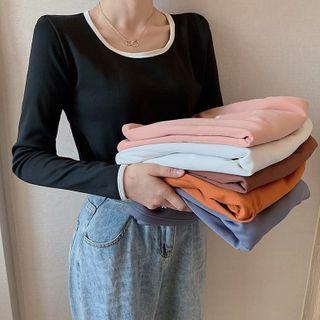 Contrast Trim Fleece-lined Round Neck Top