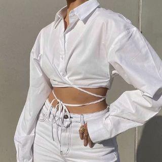 Long-sleeve Tie-strap Crop Shirt