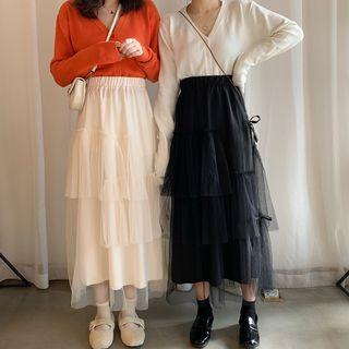 Mesh-panel Layered Maxi Skirt