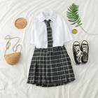 Set: Plain Shirt With Tie + Check Pleated Skirt