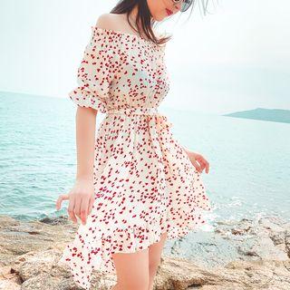 Off-shoulder Heart Printed Tie-waist A-line Dress