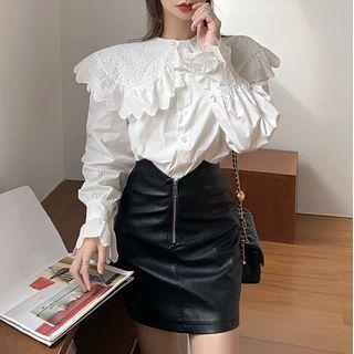 Eyelet Lace Collar Blouse / Faux Leather A-line Skirt