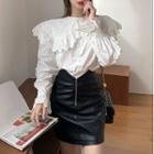 Eyelet Lace Collar Blouse / Faux Leather A-line Skirt