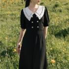 Short-sleeve Eyelet Lace Collar Midi A-line Dress