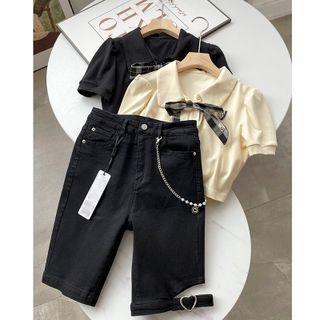 Short-sleeve Collared Top / Cut-out Denim Shorts