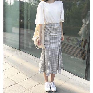 Set: Plain Top + Checked Mermaid Skirt