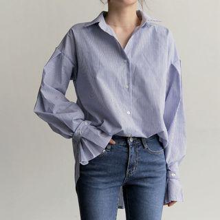 Tabbed-cuff Striped Blouse