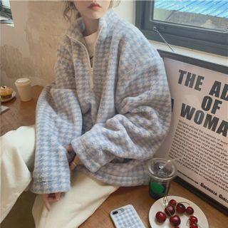 Houndstooth Long-sleeve Loose-fit Pullover Blue - One Size
