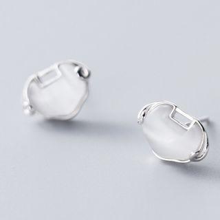 925 Sterling Silver Cat Eye Stone Lock Earring 1 Pair - S925 Silver - Silver - One Size