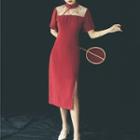 Embroidered Short-sleeve Midi Sheath Qipao