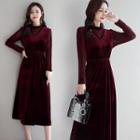 Long Sleeve Mock Neck Velvet A-line Dress