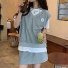 Short-sleeve Plain T-shirt / V-neck Applique Vest / Mini Pencil Skirt / Set