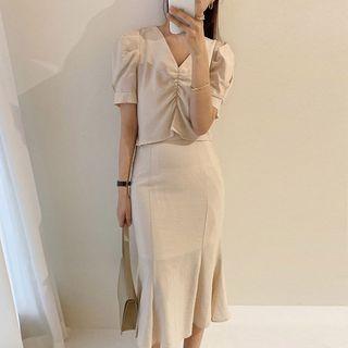 Set: Puff Sleeve V-neck Ruched Crop Blouse + High Waist Mermaid Pencil Skirt
