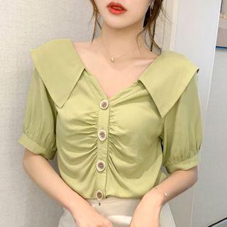 Shirred-front Short-sleeve V-neck Blouse