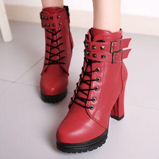 Buckled Lace-up Chunky Heel Short Boots