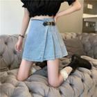 Buckled Washed Mini A-line Denim Skirt