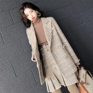 Double-breast Plaid Coat/cropped Coat/pleated Skirt
