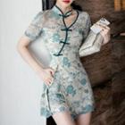 Set: Short-sleeve Lace Slit Qipao Top + Shorts