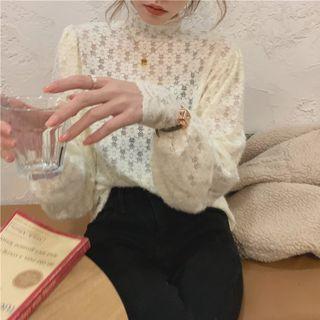 Long-sleeve Mock-neck Perforated Lace Top Off-white - One Size