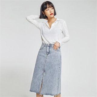 Washed Fray-hem Midi Denim Skirt