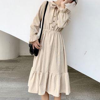 Long-sleeve Bow-accent Midi A-line Corduroy Dress