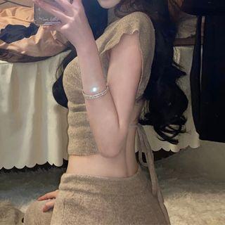 Cap-sleeve Open-back Knit Top / Wide Leg Pants