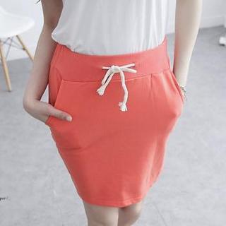 Drawstring-waist Cotton Skirt Orange Red - One Size