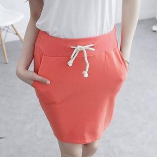 Drawstring-waist Cotton Skirt Orange Red - One Size